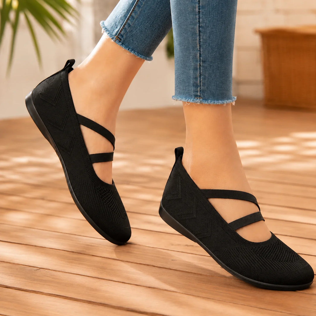 Black Women's Knit Mary Flats — Jillian Everyday Elastic-Strap Slip-On - Motion Walking
