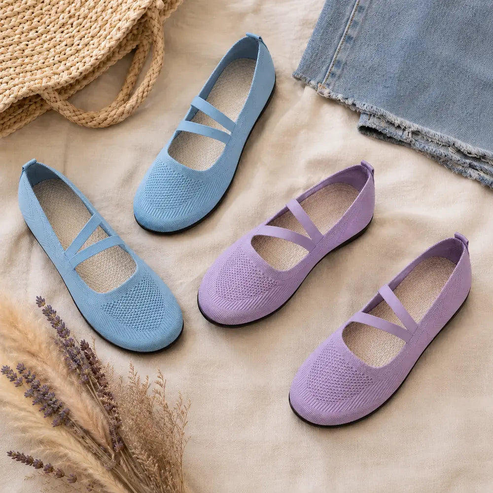 Multicolor Women's Knit Mary Flats — Jillian Everyday Elastic-Strap Slip-On - Flat Lay Pairs