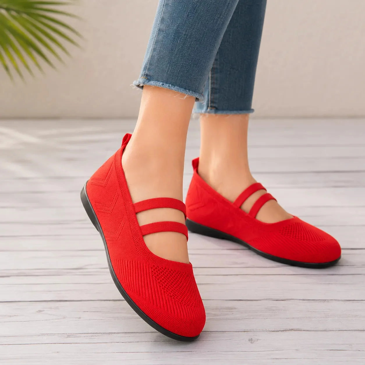Red Women's Knit Mary Flats — Jillian Everyday Elastic-Strap Slip-On - Front Full