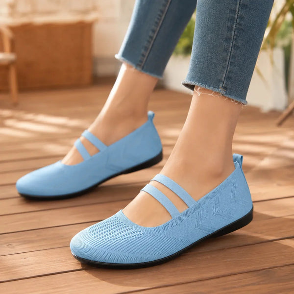Sky Blue Women's Knit Mary Flats — Jillian Everyday Elastic-Strap Slip-On - Front Full