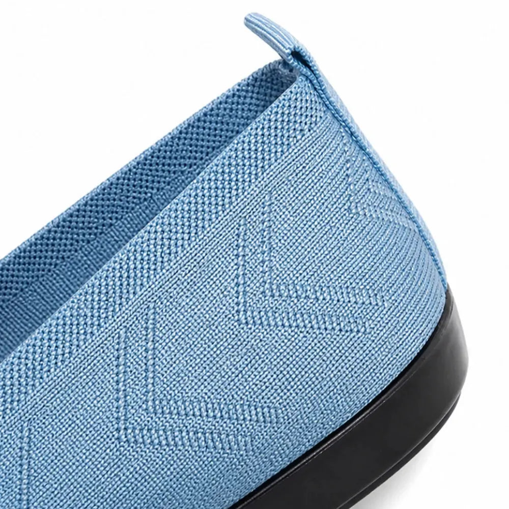 Sky Blue Women's Knit Mary Flats — Jillian Everyday Elastic-Strap Slip-On - Heel Close Up