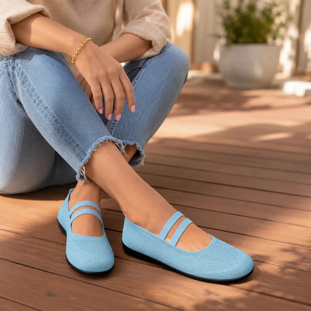 Sky Blue Women's Knit Mary Flats — Jillian Everyday Elastic-Strap Slip-On - Seated Lifestyle