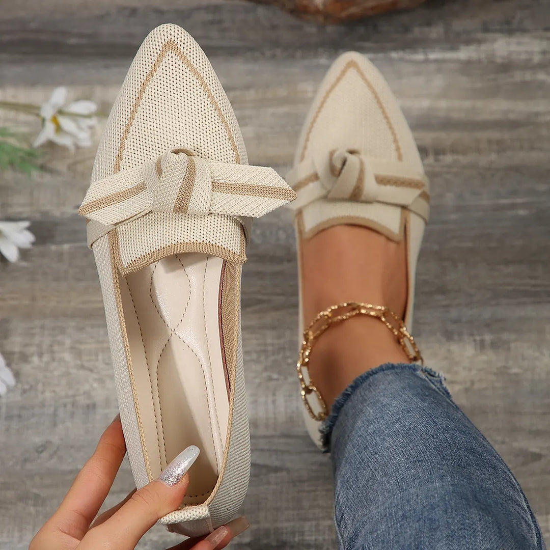 Beige Women's Knit Pointed Toe Flats — Hailey Slip-On Bow-Knot Loafers - Flat Lay Hold