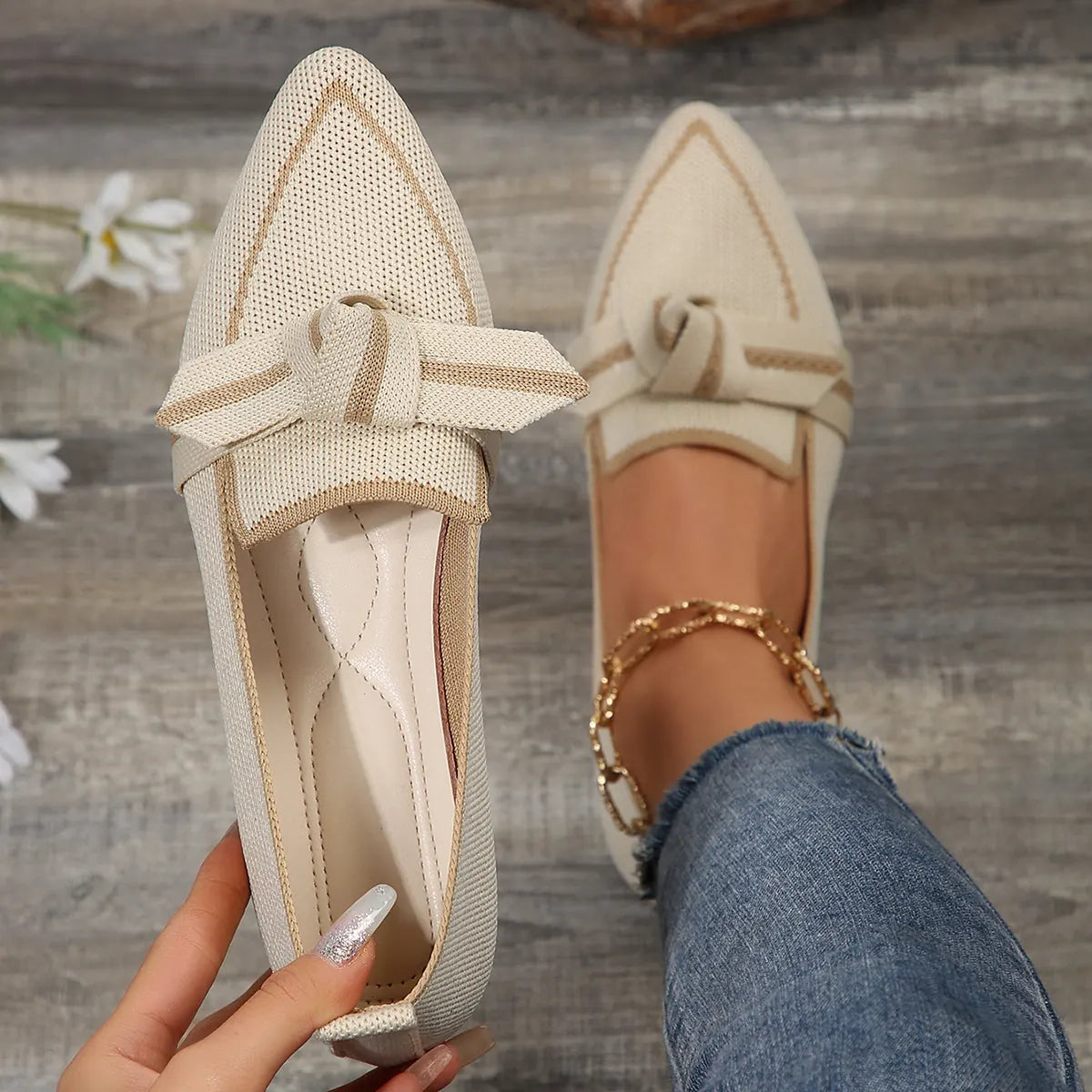 Beige Women's Knit Pointed Toe Flats — Hailey Slip-On Bow-Knot Loafers - Flat Lay Hold