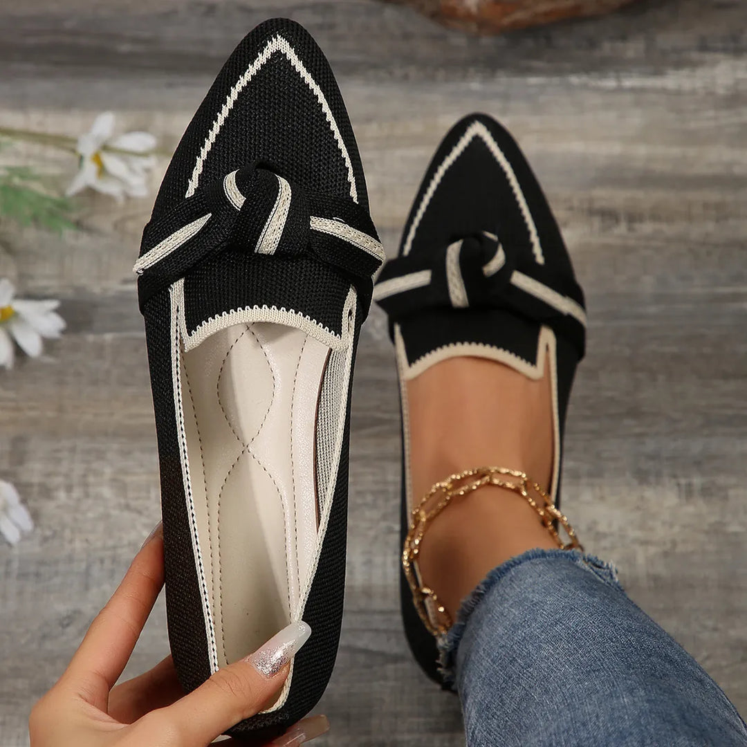 Black Women's Knit Pointed Toe Flats — Hailey Slip-On Bow-Knot Loafers - Close Up Detail