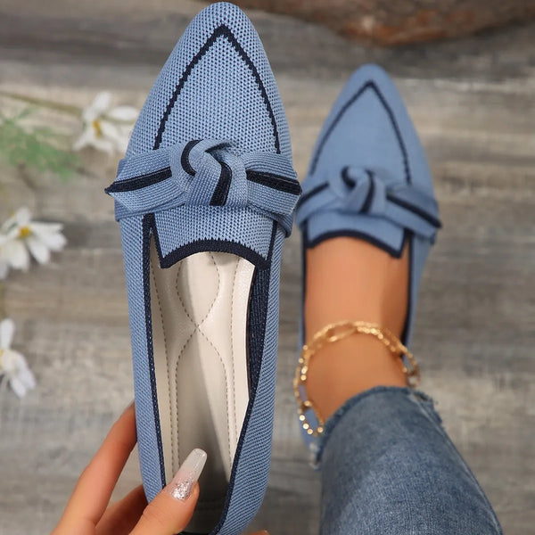 Blue Women's Knit Pointed Toe Flats — Hailey Slip-On Bow-Knot Loafers - Front Full