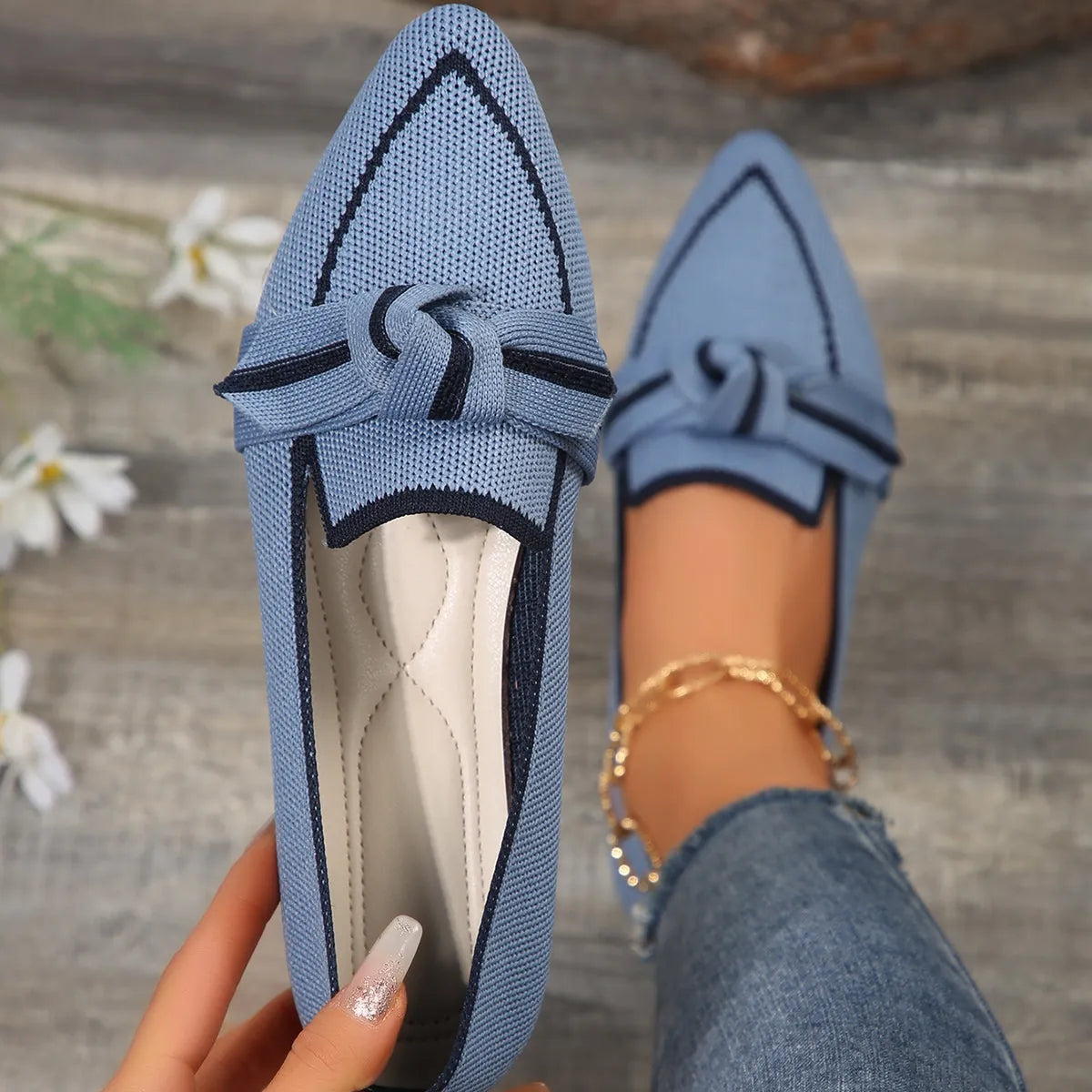Blue Women's Knit Pointed Toe Flats — Hailey Slip-On Bow-Knot Loafers - Front Full