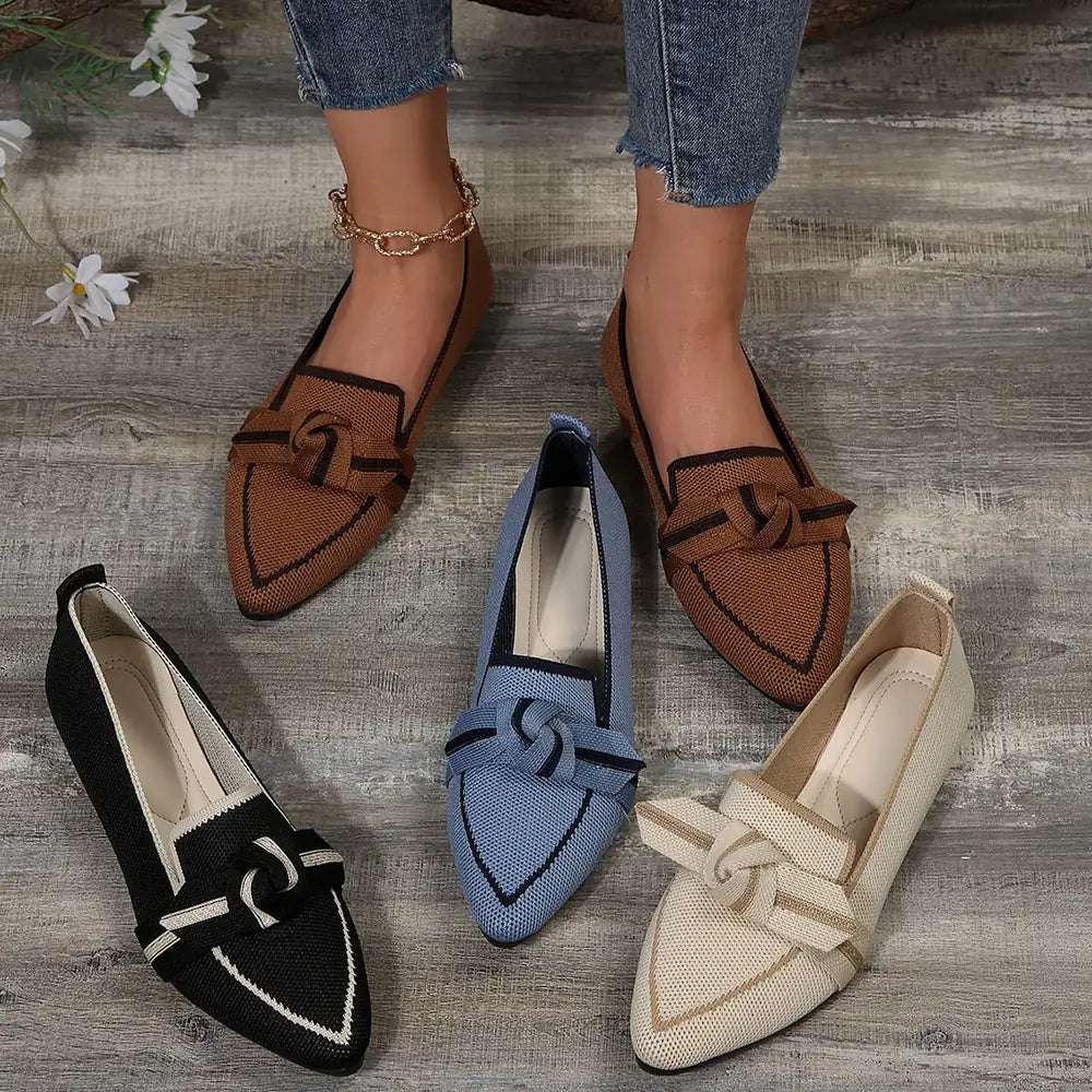Brown Women's Knit Pointed Toe Flats — Hailey Slip-On Bow-Knot Loafers - Group Lifestyle