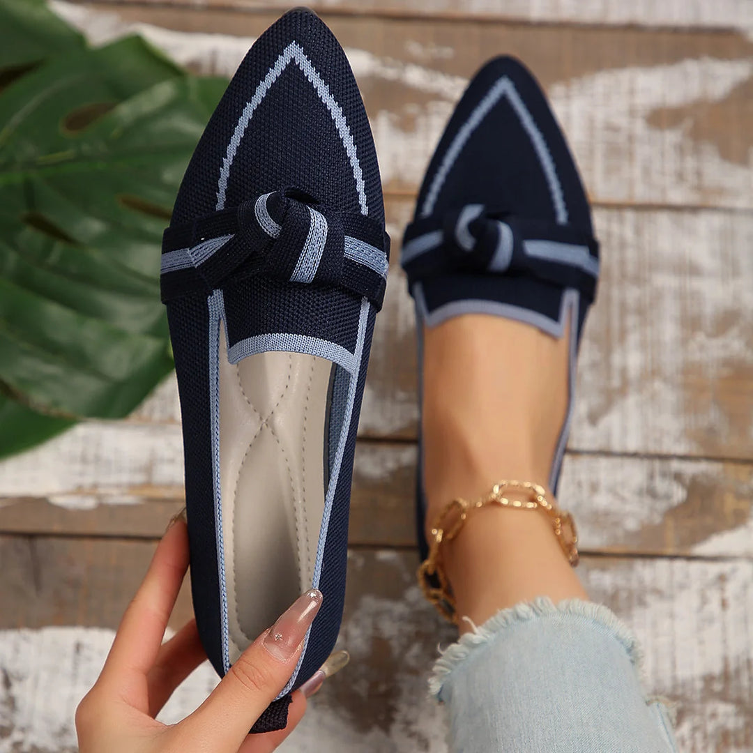 Navy Women's Knit Pointed Toe Flats — Hailey Slip-On Bow-Knot Loafers - Outdoor Pose