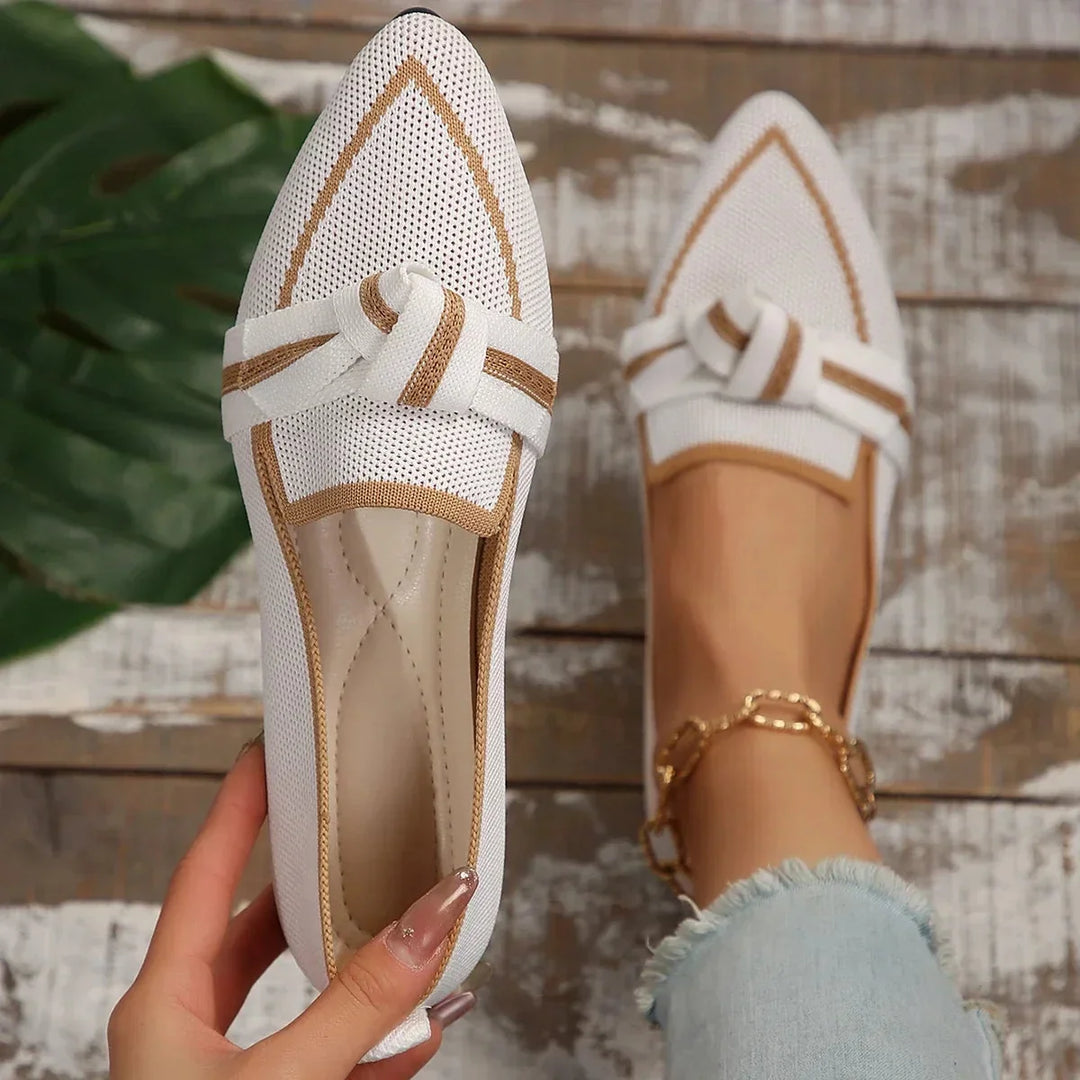 White Women's Knit Pointed Toe Flats — Hailey Slip-On Bow-Knot Loafers - Hand Hold Front