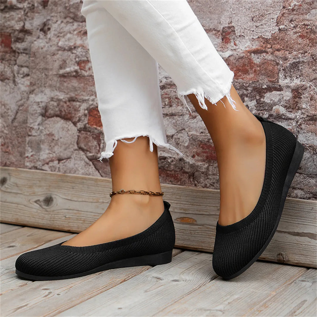 Black Women's Knit Ballet Flats — May Slip-On Orthopedic Cushioned - Worn Side Pose
