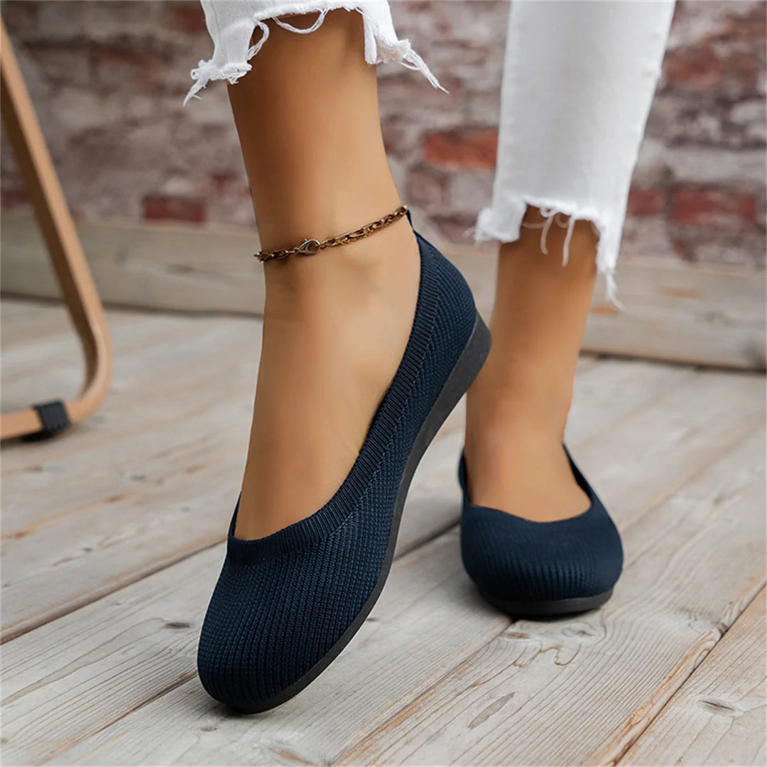Blue Women's Knit Ballet Flats — May Slip-On Orthopedic Cushioned - Worn Close Pose