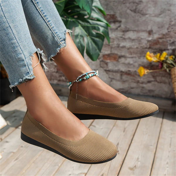 Khaki Women's Knit Ballet Flats — May Slip-On Orthopedic Cushioned - Worn Outdoor Pose