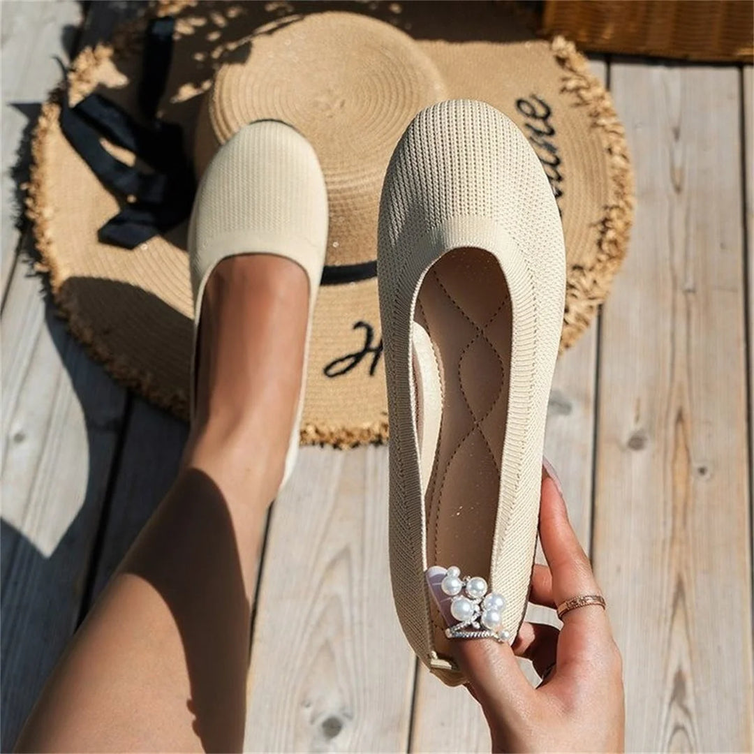 White Women's Knit Ballet Flats — May Slip-On Orthopedic Cushioned - Held Pearl Detail