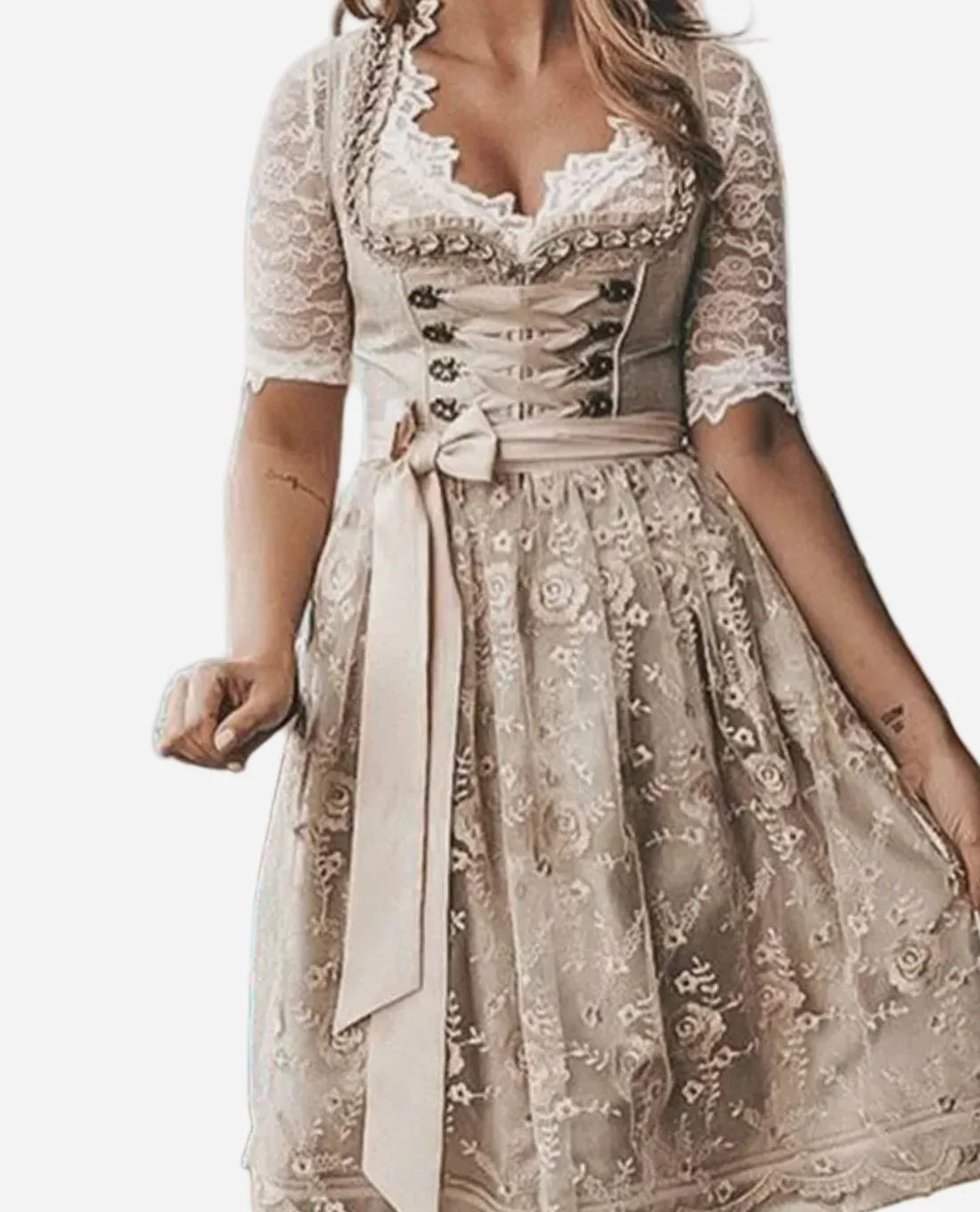 Beige Women's Midi Dirndl Dress with Lace Bodice & Floral Embroidery - Front Close Up Bodice