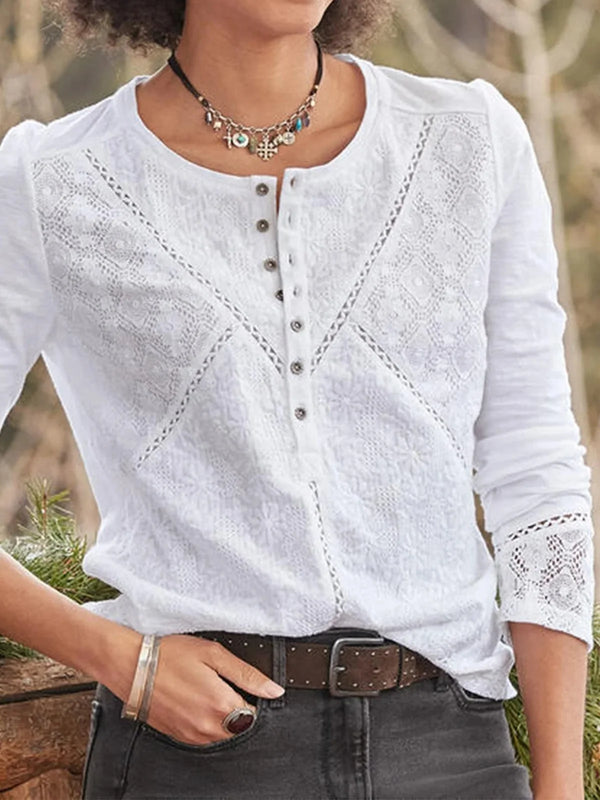 White Women's White Lace Long Sleeve Shirt — Holly Everyday Button-Front Crew Neck - Front Detail