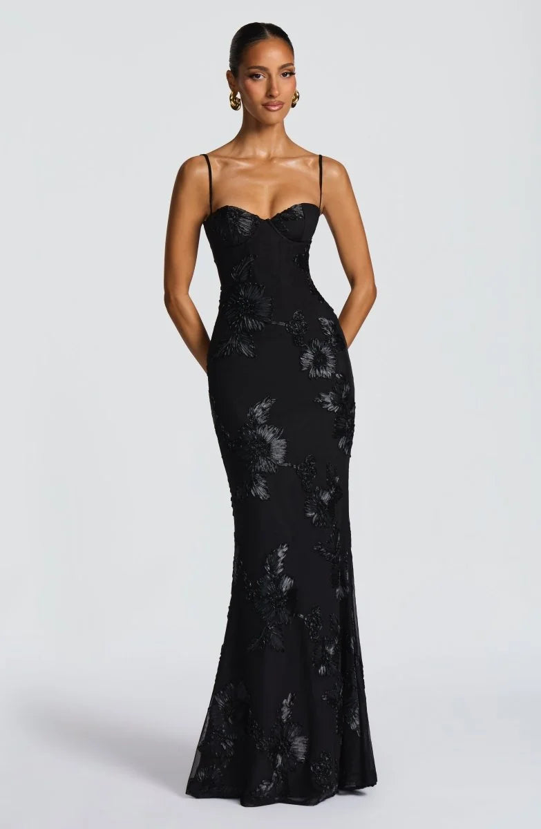 Black Women's Lace Fitted Maxi Dress — Verity Sweetheart Neckline Mermaid - Front Full