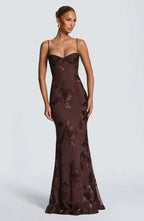 Brown Women's Lace Fitted Maxi Dress — Verity Sweetheart Neckline Mermaid - Side Pose