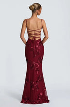 Burgundy Women's Lace Fitted Maxi Dress — Verity Sweetheart Neckline Mermaid - Back Detail