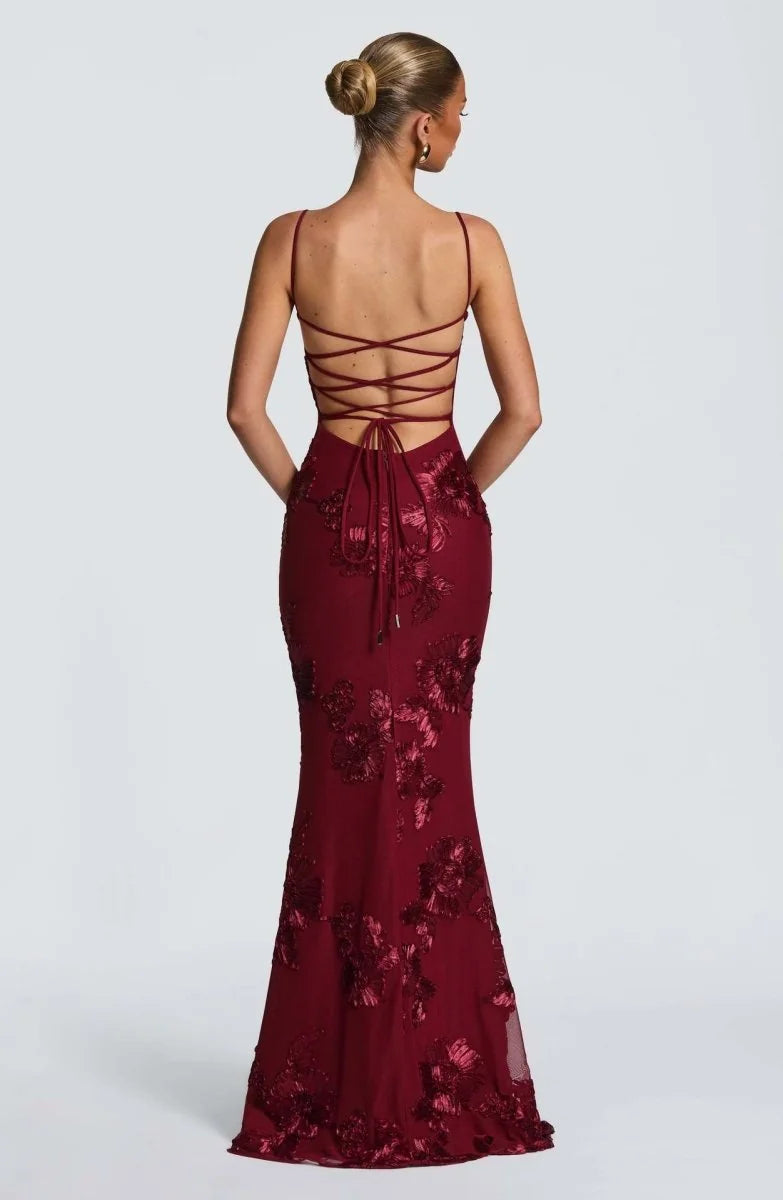 Burgundy Women's Lace Fitted Maxi Dress — Verity Sweetheart Neckline Mermaid - Back Detail