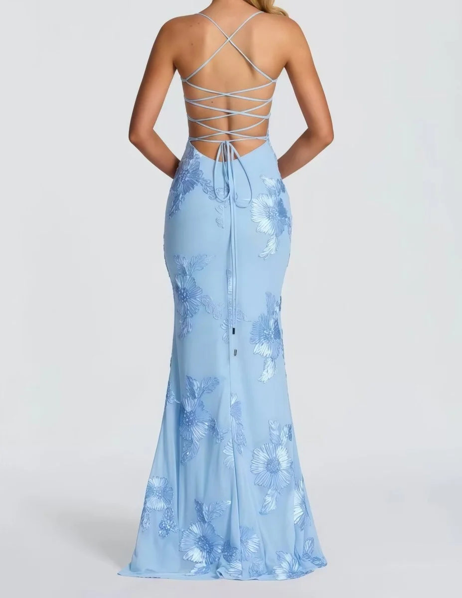Light Blue Women's Lace Fitted Maxi Dress — Verity Sweetheart Neckline Mermaid - Back Detail
