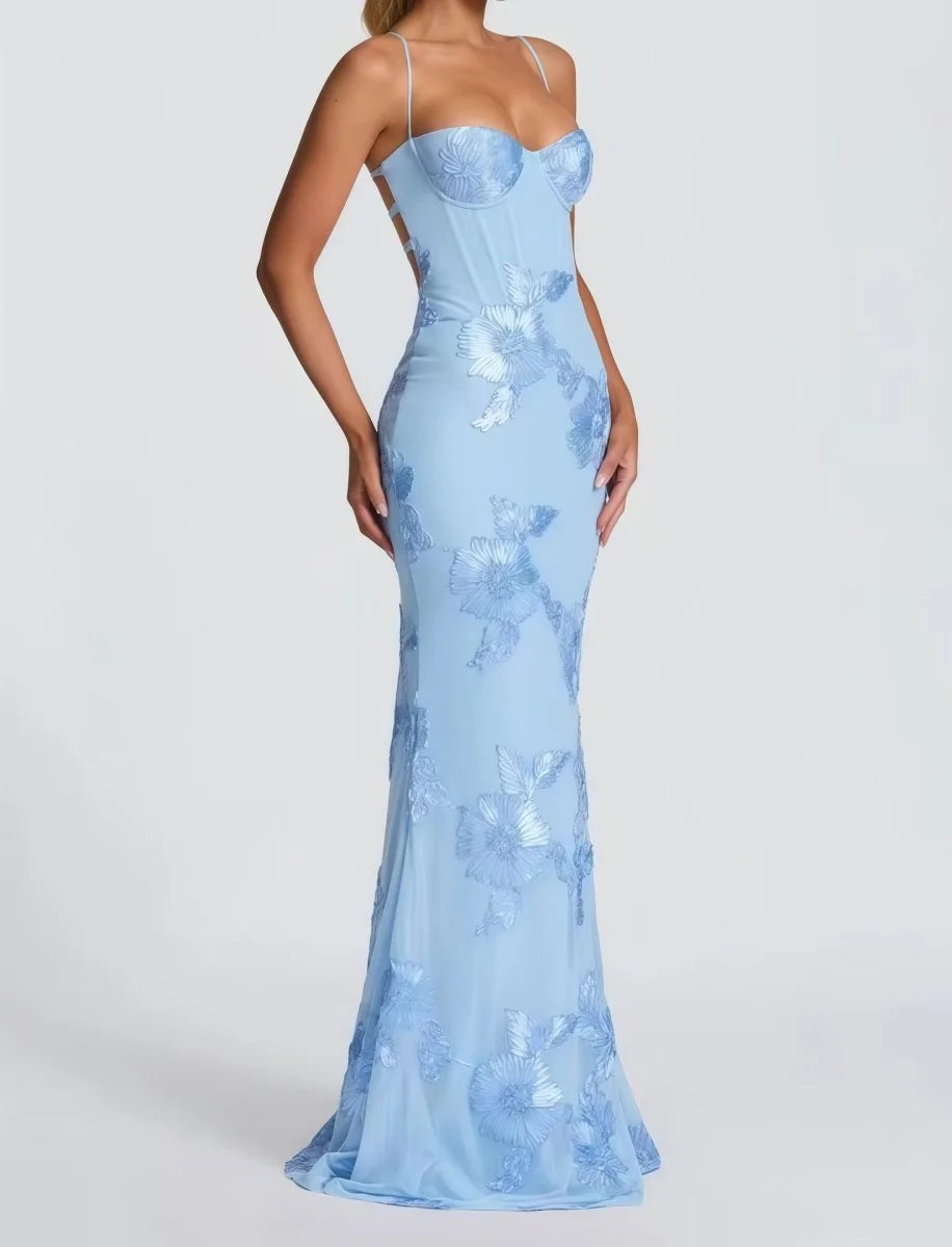 Light Blue Women's Lace Fitted Maxi Dress — Verity Sweetheart Neckline Mermaid - Front Full