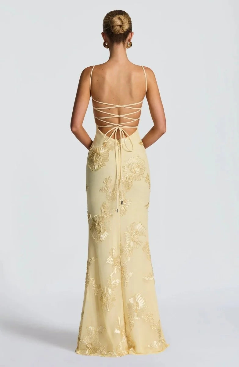 Yellow Women's Lace Fitted Maxi Dress — Verity Sweetheart Neckline Mermaid - Back Detail