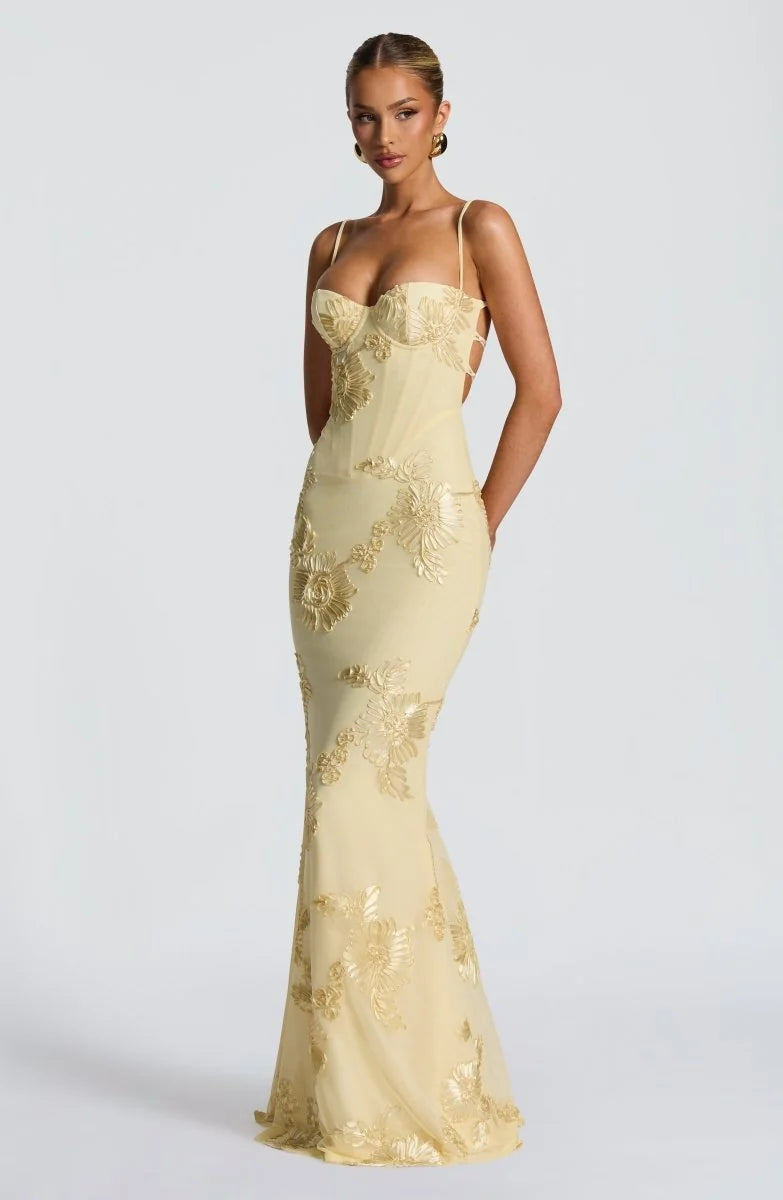 Yellow Women's Lace Fitted Maxi Dress — Verity Sweetheart Neckline Mermaid - Front Full
