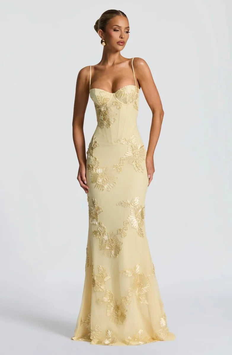 Yellow Women's Lace Fitted Maxi Dress — Verity Sweetheart Neckline Mermaid - Side Pose