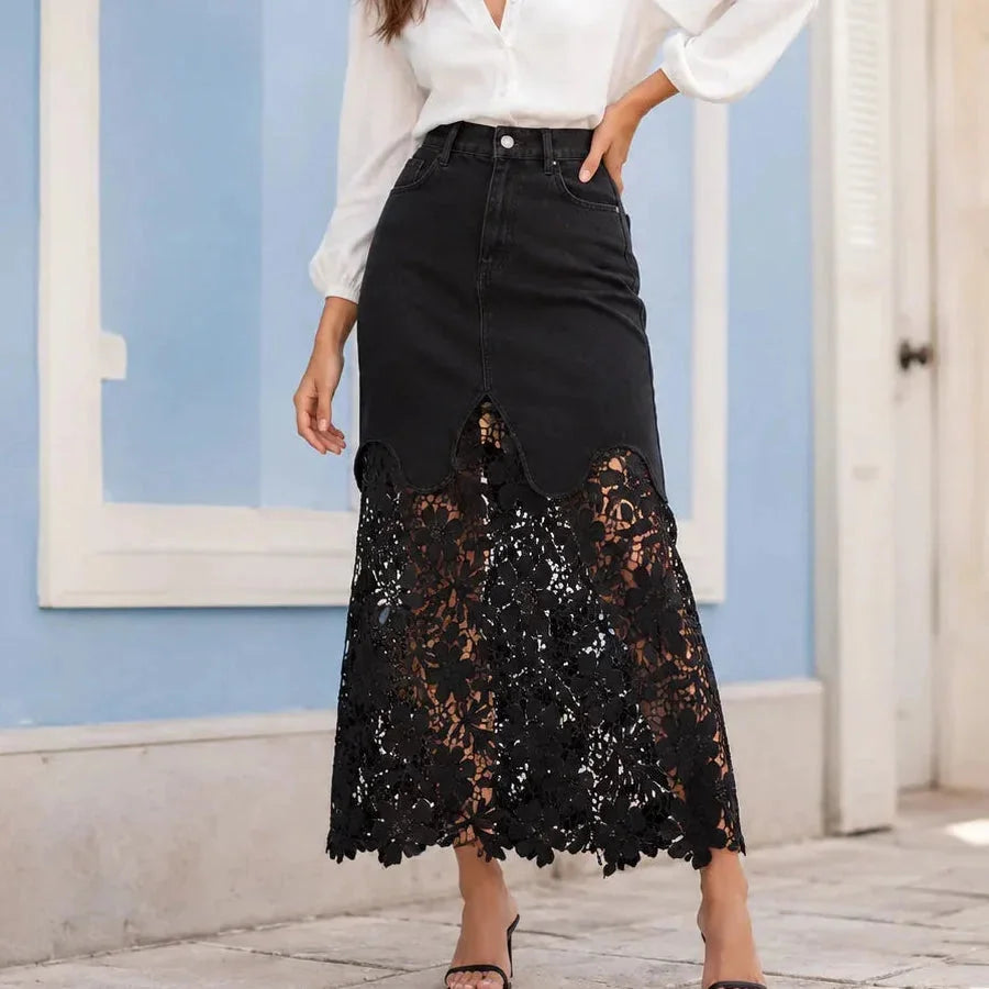 Black Women's Floral Lace Denim Maxi Skirt — Giselle High-Waisted Scalloped Bohemian - Hand On Hip Pose