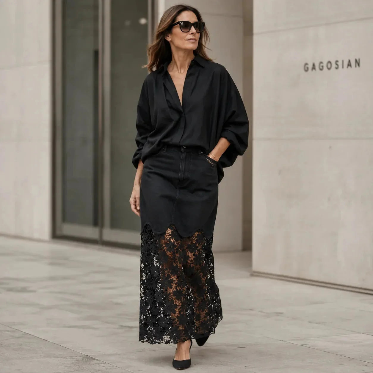 Black Women's Floral Lace Denim Maxi Skirt — Giselle High-Waisted Scalloped Bohemian - Street Walking