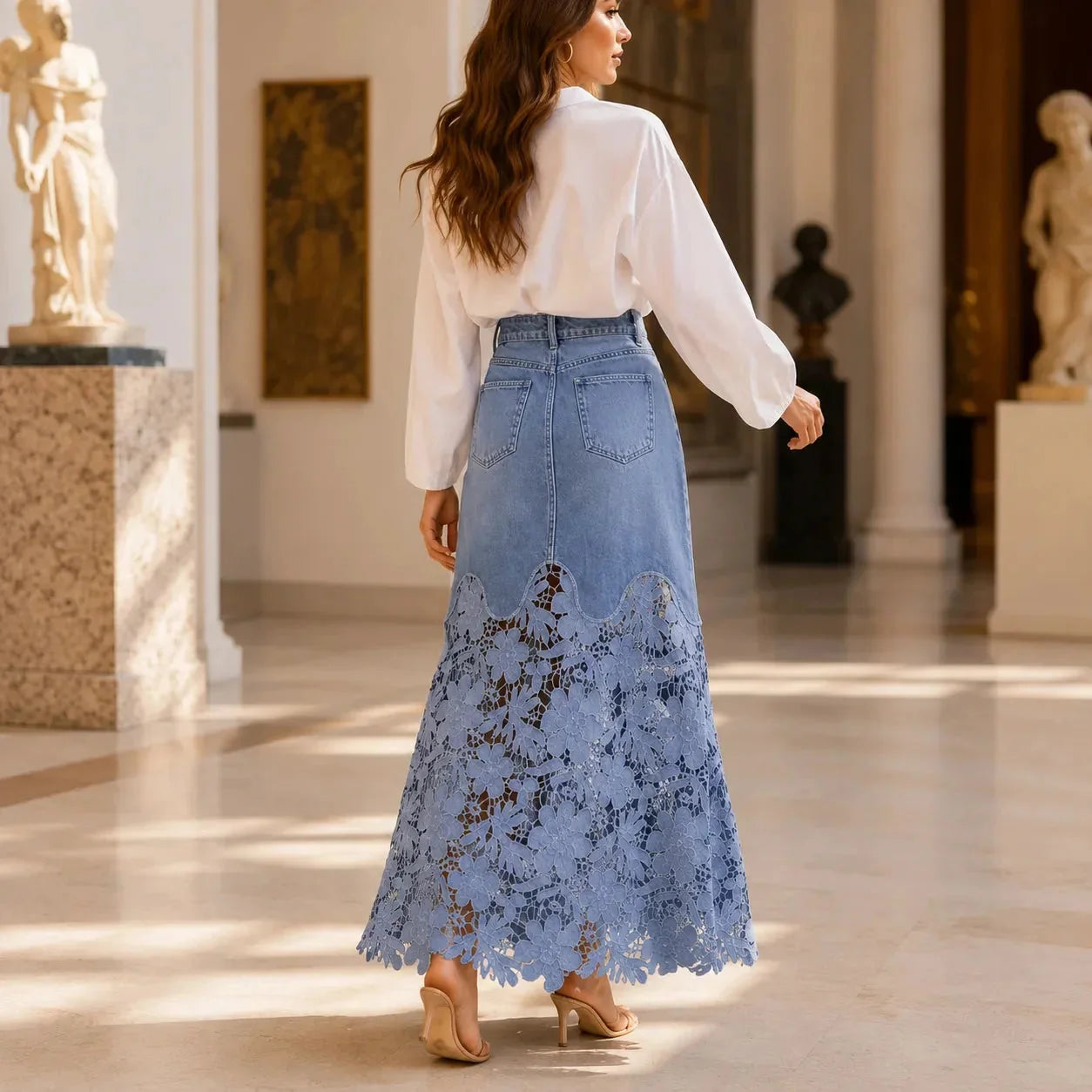 Blue Women's Floral Lace Denim Maxi Skirt — Giselle High-Waisted Scalloped Bohemian - Back Full