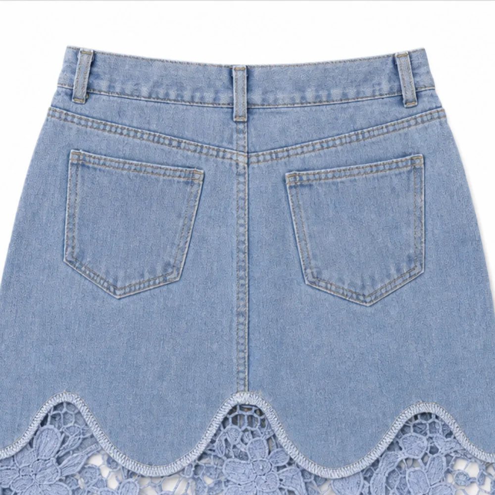 Blue Women's Floral Lace Denim Maxi Skirt — Giselle High-Waisted Scalloped Bohemian - Close Up Back Pockets