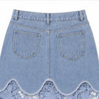 Women's Floral Lace Denim Maxi Skirt - Close Up Back Pockets