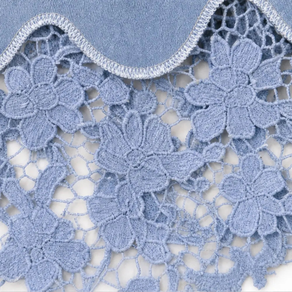 Blue Women's Floral Lace Denim Maxi Skirt — Giselle High-Waisted Scalloped Bohemian - Close Up Lace