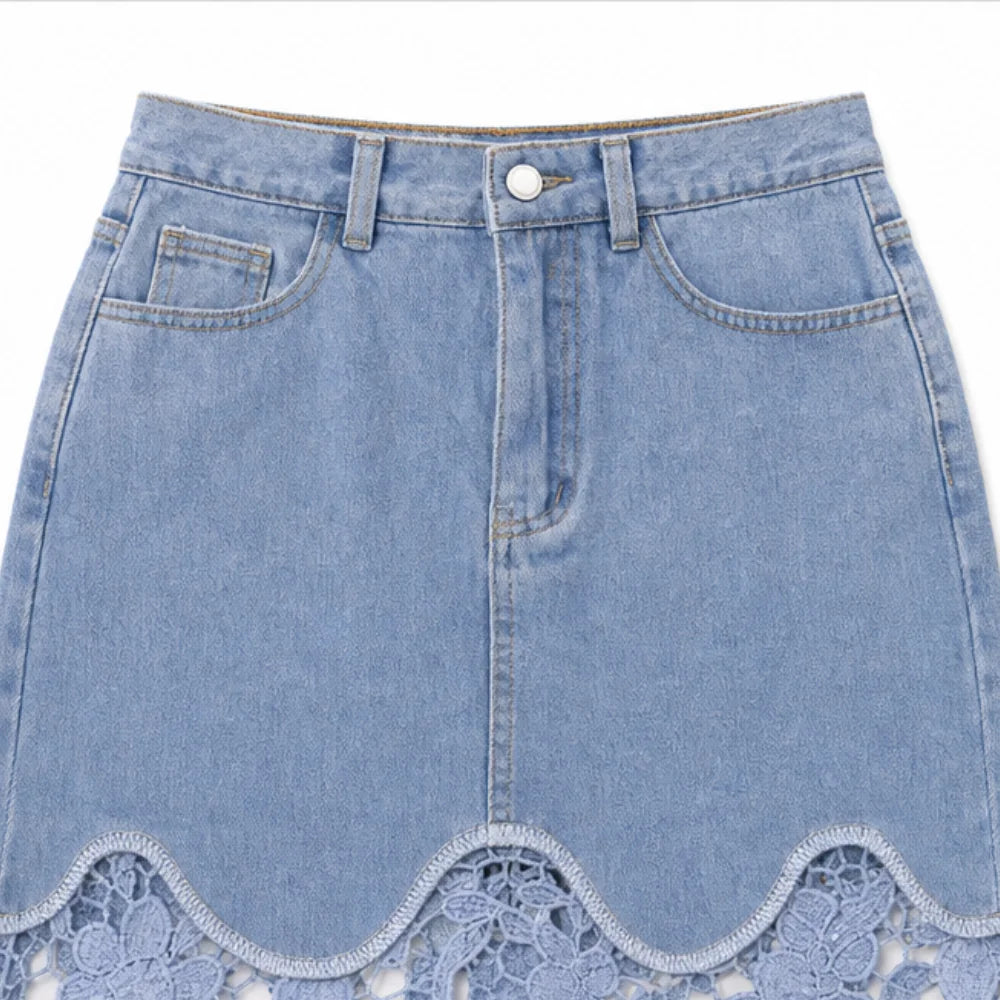 Blue Women's Floral Lace Denim Maxi Skirt — Giselle High-Waisted Scalloped Bohemian - Close Up Waist