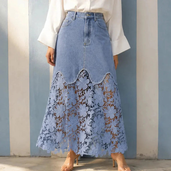 Blue Women's Floral Lace Denim Maxi Skirt — Giselle High-Waisted Scalloped Bohemian - Front Full