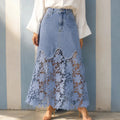 Women's Floral Lace Denim Maxi Skirt — Giselle High-Waisted Scalloped Bohemian