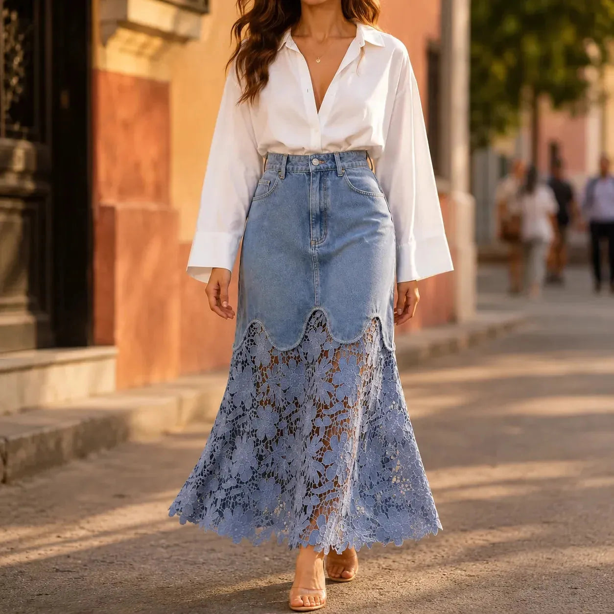 Blue Women's Floral Lace Denim Maxi Skirt — Giselle High-Waisted Scalloped Bohemian - Model Walking