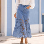 Women's Floral Lace Denim Maxi Skirt - Outdoor Pose