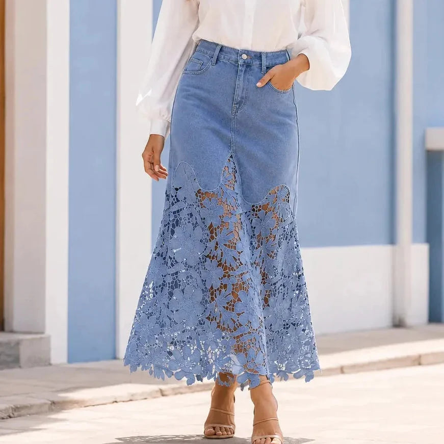 Blue Women's Floral Lace Denim Maxi Skirt — Giselle High-Waisted Scalloped Bohemian - Outdoor Pose