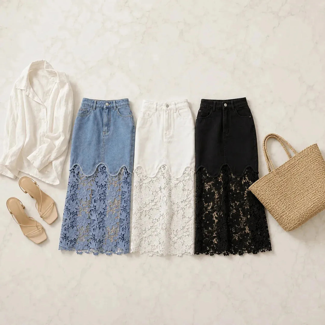 Multicolor Women's Floral Lace Denim Maxi Skirt — Giselle High-Waisted Scalloped Bohemian - Flat Lay