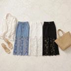 Multi Color Women's Floral Lace Denim Maxi Skirt - Flat Lay