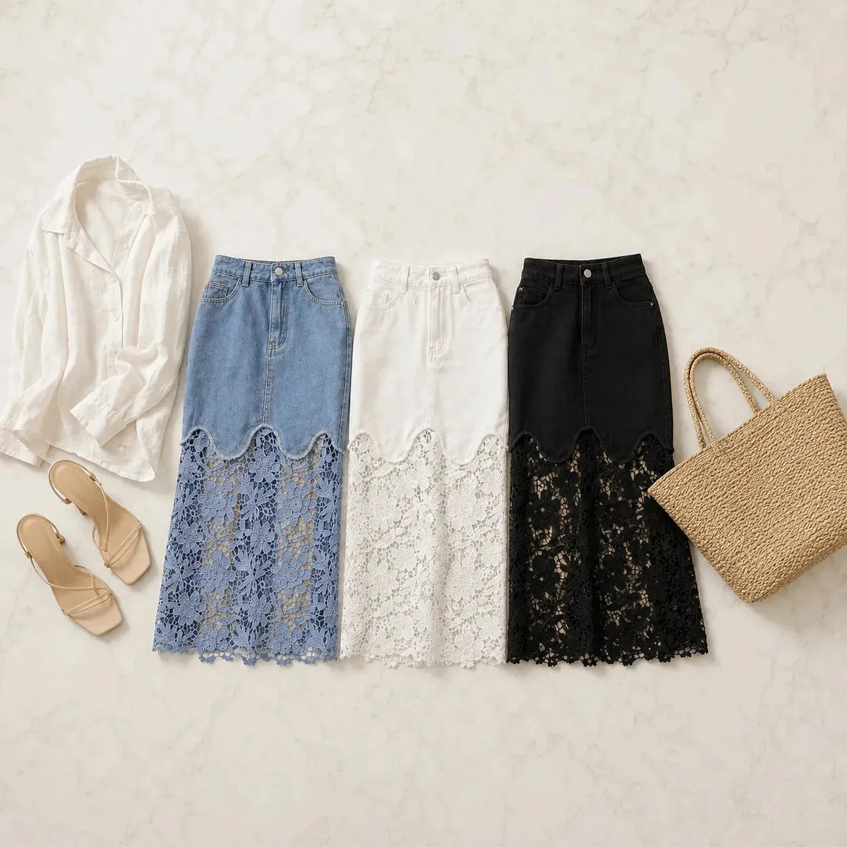 Multi Color Women's Floral Lace Denim Maxi Skirt - Flat Lay