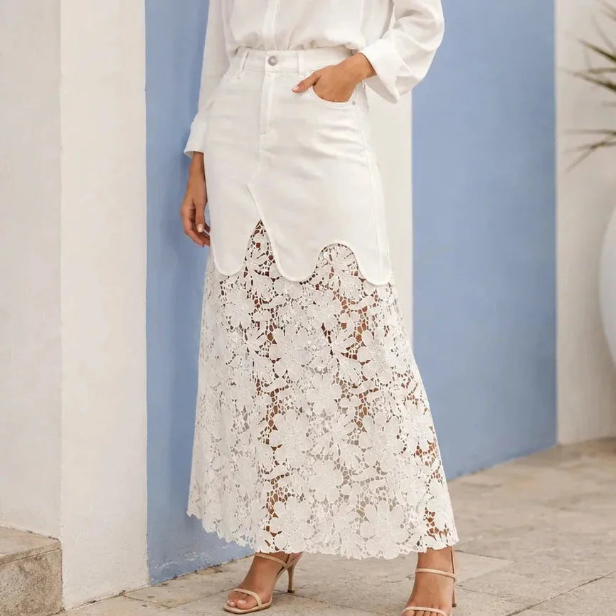 White Women's Floral Lace Denim Maxi Skirt — Giselle High-Waisted Scalloped Bohemian - Hand In Pocket Pose