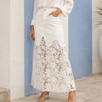 White Women's Floral Lace Denim Maxi Skirt - Hand In Pocket Pose