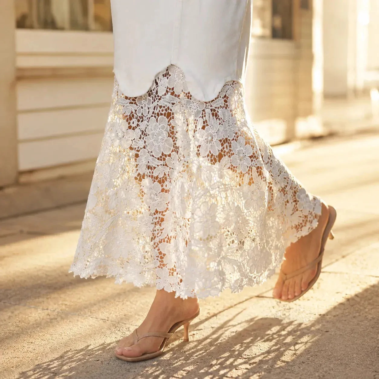 White Women's Floral Lace Denim Maxi Skirt — Giselle High-Waisted Scalloped Bohemian - Hem Detail