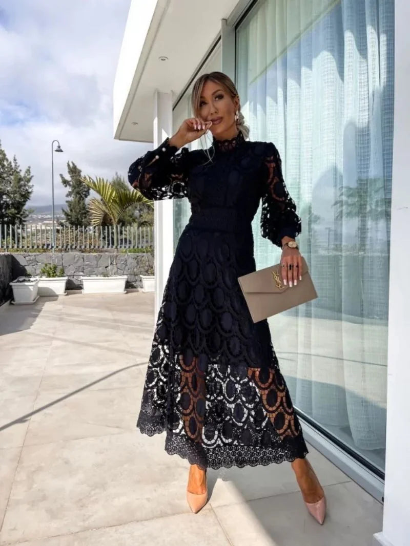 Black Women's Lace Midi Dress — Rhiannon Long Sleeve High Neck - Front Full Outdoor