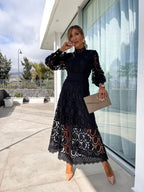 Black Women's Lace Midi Dress — Rhiannon Long Sleeve High Neck - Front Full Outdoor