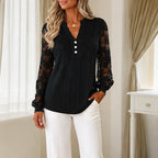 Black Women's Lace Sleeve Top with Button-Front V-Neck & Ribbed Knit — Philippa